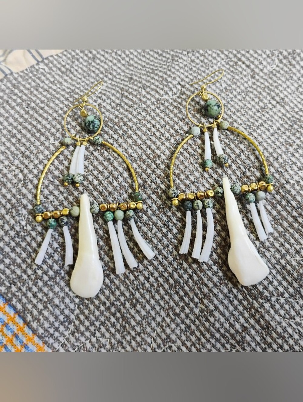 XXL Buffalo Tooth, Tusk Shell, And African Turquoise Chandelier Earrings - Picture 5 of 6